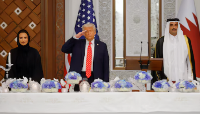 President Donald Trump during a state dinner ceremony in Qatar, 2025