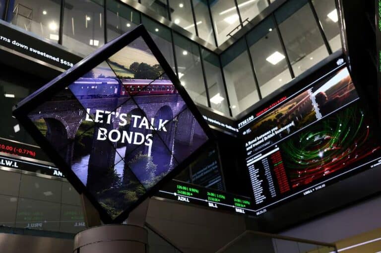 FTSE 100 market screen at the London Stock Exchange during a trading session.